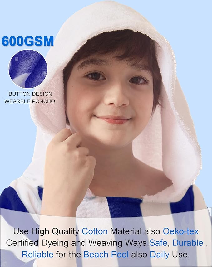 VOOVA & MOVAS Big Kids Hooded Towel Poncho | 8-16Years | Large, Soft, Absorbent Cotton Towel Robe | Versatile for Pool, Swim,Beach and Bathroom | Gem Blue Cabana Stripe