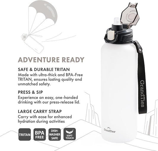 GRANDTIES Sports Tritan Plastic Water Bottle with Straw, Removable – Leakproof BPA Free Dishwasher Safe Travel Water Bottle with Strap for Gym, Outdoor, Fitness (Frosted Snowy White, 52oz (1.5L))