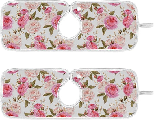 Kitchen Faucet Absorbent Mat,Pink Rose Flower Floral Water Splash Guard for Sink, Faucet Drip Catcher Thicken Sponge Microfiber Faucet Water Catcher Mat Sink Absorbent Mat for Kitchen 23x5in 2 Pack