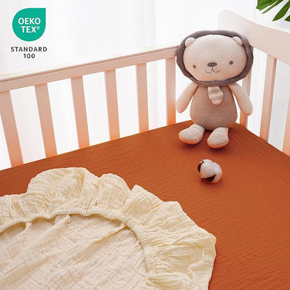 Muslin Crib Sheets for Boys Girls, 2 Pack 100% Cotton Soft Breathable Fitted Baby Sheet Set, 28x52 Inch Fits Standard Crib and Toddler Mattresses, Beige & Brown