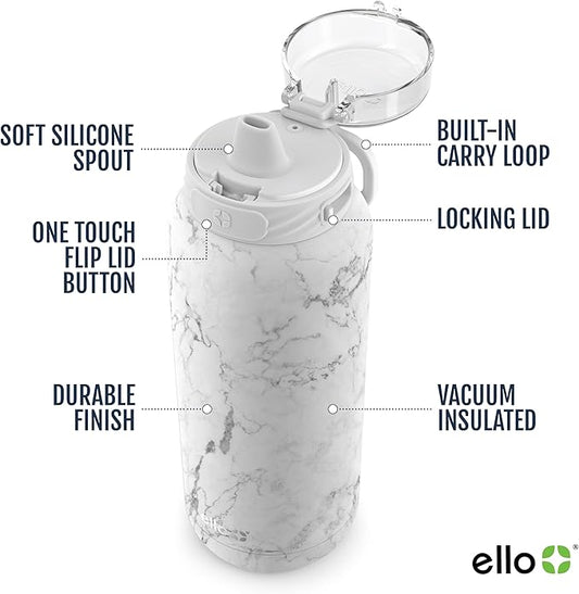 Ello Cooper 32oz Stainless Steel Water Bottle with Straw and Carry Handle, Double Walled and Vacuum Insulated Metal, Leak Proof Locking Lid with Soft Silicone Spout, Reusable, BPA Free, White Marble