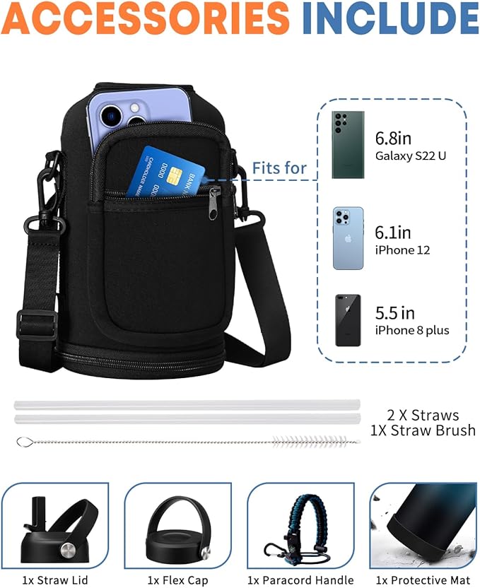 64 oz Water Bottle with Straw Stainless Steel - Wide Mouth 1/2 Gallon Water Bottles Keep Ice Cold-48H & Hot-24H, Double-wall Metal Water Jug w/Paracord Handle, Water Bottle Sleeve, Protective Boot