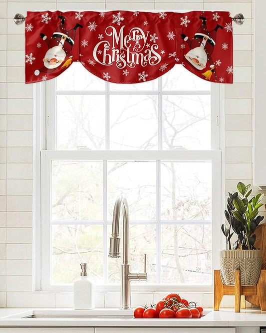 Red Merry Christmas Blackout Tie Up Valance Curtains for Kitchen Windows Funny Hanging Santa Window Toppers Balloon Shades for Living Room/Bathroom/Bedroom,1 Panel, 54" X 18", Snow Winter Holiday
