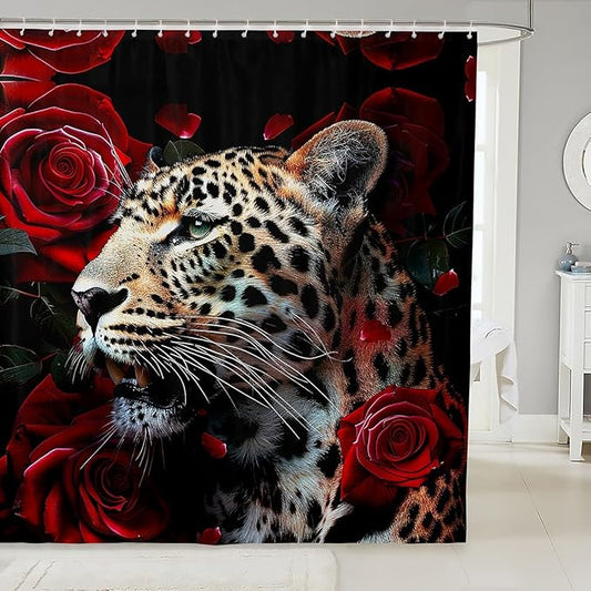 Feelyou Rose Leopard Bath Curtain Leopard Shower Curtain Boys Leopard Bathroom Shower Curtain Set Kids Toddler Frighting Leopard Kids Bathroom Accessories Wild Animal 72"x72"