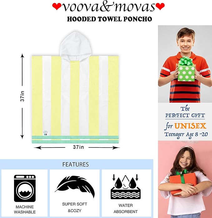 VOOVA & MOVAS Big Kids Hooded Towel Poncho | Large, Soft, Absorbent Cotton Towel Robe | 8-16Years | Versatile for Pool, Swim,Beach and Bathroom | Yellow Cabana Stripe