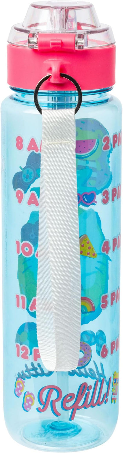 Silver Buffalo Sanrio Hello Kitty Pool Party Plastic Blue Water Bottle with Locking Lid, Strap, and Hydration Tracker, 33 Ounces