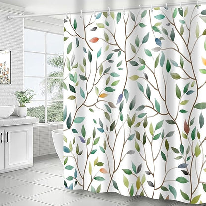Boho Sage Green Floral Shower Curtain, Spring Summer Colorful Botanical Flower Leaves Bohemian Fabric Shower Curtain Set with 12 Hooks, Bathroom Accessories Decor Cloth Curtain 72x72 Inches