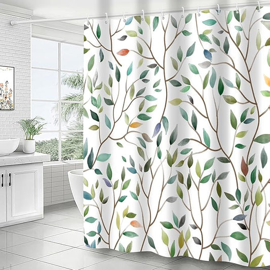 Boho Sage Green Floral Shower Curtain, Spring Summer Colorful Botanical Flower Leaves Bohemian Fabric Shower Curtain Set with 12 Hooks, Bathroom Accessories Decor Cloth Curtain 72x72 Inches