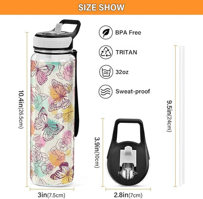 Water Bottle with Straw Butterflies Roses Sports Bottles BPA-Free Tritan Vintage Water Jug with Carrying Strap for Women Men Gym Outdoor Sports