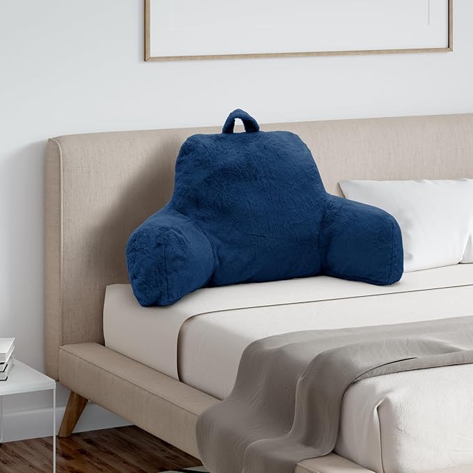 Reading Pillow for Sitting in Bed Adult, Standard Reading Pillow with Memory Foam, Back Pillow for Bed Sitting Up with Extend Arms, Bed Reading Pillow, Blue