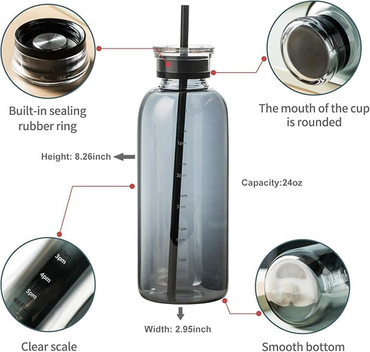 Glass water bottle With Time Marker -24oz with 2 caps and straw,Reusable Glass Drinking Bottles，Suitable For Drinks, Juices, Sodas, Coke, As Gifts Etc (Smoky 24oz)