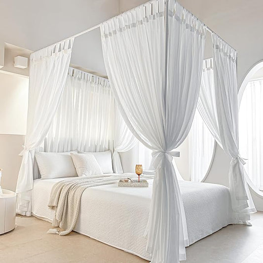 AIKASY Canopy Bed Board with Top and Self-Adhesive Velcro Strips, White Gauze Princess Bed Canopy Curtain Tent, Creating a Romantic Atmosphere in The Room（Full/Queen，White）
