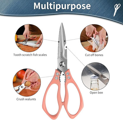 Kitchen Shears for Food Heavy-Duty: Multipurpose Kitchen Shears for Cutting Chicken, Bone, Meat, Food, (9'' Pink)