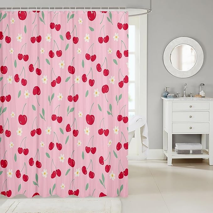 Feelyou Cherry Fabric Shower Curtain Fruits Shower Curtain for Kids Boys Girls Green Leaves Bathroom Waterproof Accessories with 12 Hooks Pink and Red Curtains,72X72 Inches