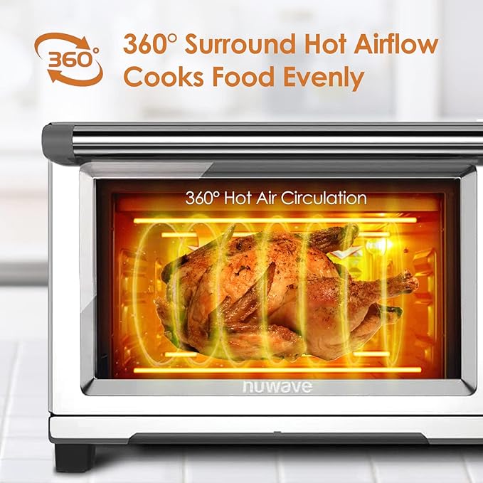 Nuwave Bravo Air Fryer Toaster Smart Oven, 12-in-1 Countertop Convection, 30-QT XL Capacity, 50°-500°F Temperature Controls, Top and Bottom Heater Adjustments 0%-100%, Brushed Stainless Steel Look