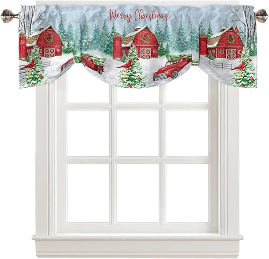Red Truck Christmas Blackout Tie Up Valance Curtains for Kitchen Windows Merry Christmas Farmhouse Window Toppers Balloon Shades for Living Room/Bathroom/Bedroom,1 Panel, 42" X 18", Winter Xmas Tree