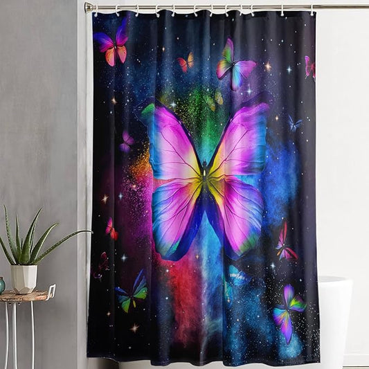 AILONEN Butterfly Shower Curtain Bathroom 72" W*96" H Sparkly Colourful Butterfly Curtain Cloth Fabric Bathroom for Girls Kids,Deep Color Shower Curtain Set