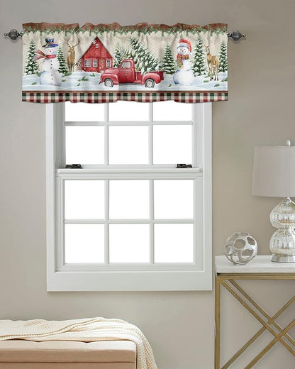 Vandarllin Christmas Farmhouse Kitchen Curtains Valances for Windows Snowman Farm Red Truck Rod Pocket Window Treatment for Kitchen/Living Room/Bedroom/Bathroom,42" X 12" -1 Panel, Winter Holiday