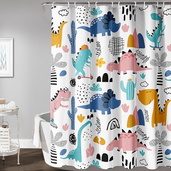 AILONEN Dinosaur Shower Curtain for Kids Boys,Cartoon Dinosaur Bath Curtain 60" W*72" H,Cactus Rainbow Dinosaur Waterproof Shower Curtain with 12 Plastic Hooks