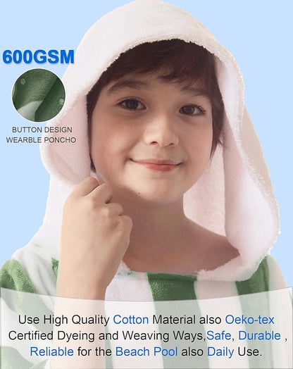 VOOVA & MOVAS Teens Hooded Towel Poncho | Soft, Absorbent Cotton Towel Robe | 8-16Years | Versatile for Pool, Swim,Beach and Bathroom | Hunter Green Cabana Stripe
