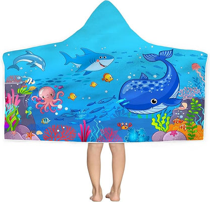 Blue Sea World Hooded Beach Towel for Kids, Cute Bath Towel with Hood, Boy Microfiber Super Absorbent Soft Poncho Bathrobe for Swin Pool 30”x50”