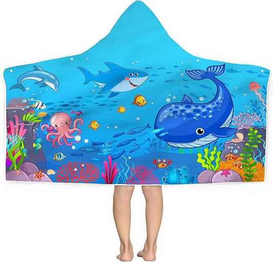 Blue Sea World Hooded Beach Towel for Kids, Cute Bath Towel with Hood, Boy Microfiber Super Absorbent Soft Poncho Bathrobe for Swin Pool 30”x50”