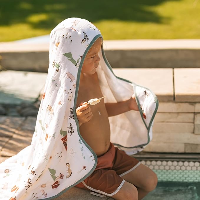 Little Unicorn Cotton Muslin & Terry Hooded Towel, Larger Size 1-6 Years (Farmyard)