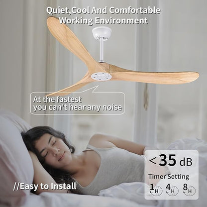 Bigzone 60" Modern Ceiling Fan No Light, Energy Efficient DC Motor, 3 Balsa Wood Blades, Wood Ceiling Fan With Remote Control,Reversible Blades