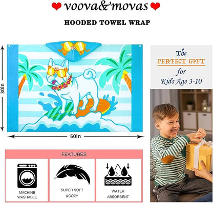 VOOVA & MOVAS Hooded Towels for Kids 3-10Years, Soft | Thick | 100% Cotton | Absorbent Towel Wrap, Perfect for Kids Beach, Pool, Bath, Swimming, Stripe Dog