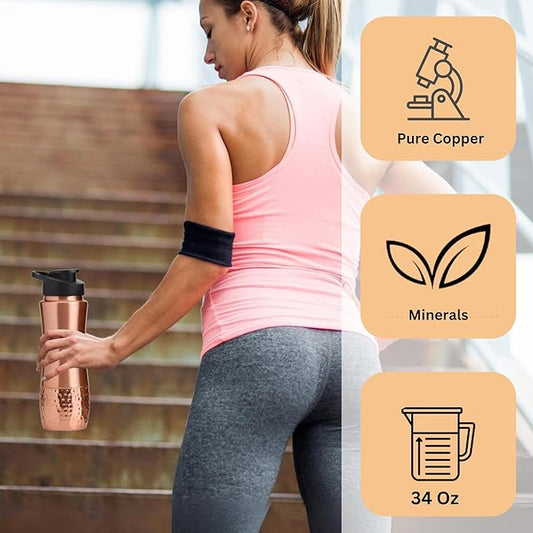 Pure Copper Water Drinking Bottle with Sipper - Copper Hammered Ayurvedic Vessel For Drinking - Drink More Water, Reduce Sugar Intake - Ayurveda Health Benefits - 34 Oz
