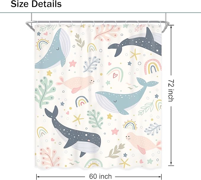 Kids Shower Curtain Ocean Cute Whale Rainbow Girls Cartoon Funny Sea Animal Underwater 60Wx72L Inch Shower Curtain Bathroom Set Colorful Lovely Bath Curtain Bathtub Accessories Home Decor