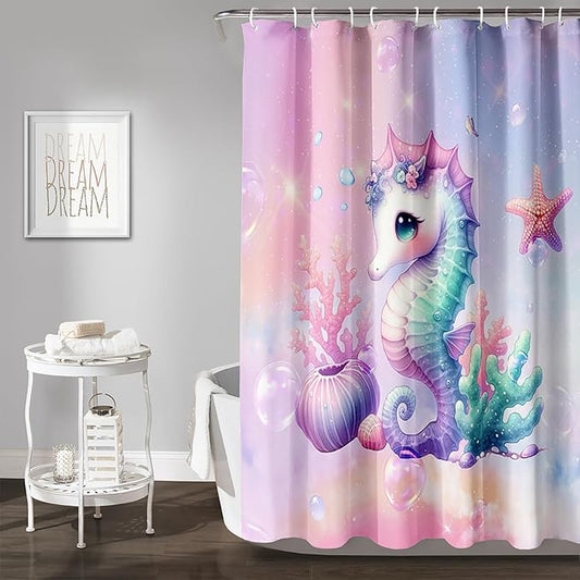 AILONEN Cute Seahorse Shower Curtain for Kids Girls,Rainbow Seahorse Bath Curtain,Ocean Coral Starfish Kawaii Shower Curtain Waterproof for Bathroom Decor with 12 Plastic Hooks, 72" W*84" H