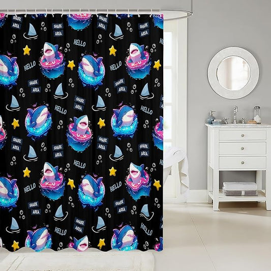 Feelyou Cute Shark Bathroom Waterproof Accessories with 12 Hooks Under Sea Animals Themed Fabric Shower Curtain for Kids Boys Girls Yellow Stars Shower Curtain Black and Blue Curtains,72X78 Inches