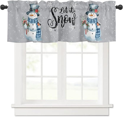 Snowman Christmas Valance Curtains for Kitchen Windows Let It Snow Winter Holiday Rod Pocket Window Treatment Toppers for Kitchen/Living Room/Bedroom/Bathroom, 54" X 18", Grey White