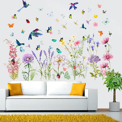 Garden Flower Wall Decals Window Clings, Narcissus Iris Florals Window Decals Peel and Stick, Green Leaves Wall Vinyl Decal, Butterfly Bouquet Wall Art Decor for Girls Bedroom Window Doors