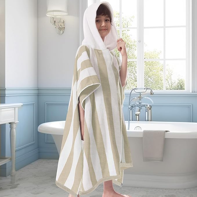 VOOVA & MOVAS Hooded Beach Towel for Big Kids | Large (8-16Years) Soft and Absorbent Cotton Poncho Towel Robe for Pool, Swim, and Bath, Tan Cabana Stripe