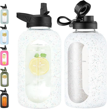 CIVAGO 64 oz Glass Water Bottle Jug with Straw and Handle, Half Gallon Sports Motivational Water Bottle with Time Marker, Wide Mouth Water Flask Canteen with Silicone Sleeve for Gym,Sequin