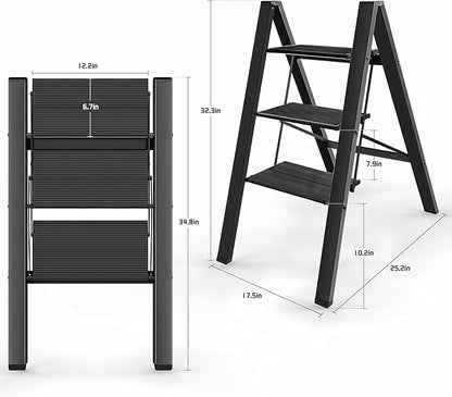 3 Step Ladder, Aluminum Folding Step Stool with Anti-Slip and Wide Pedal, for Library, Kitchen, Office, 330 lbs Capacity, Black