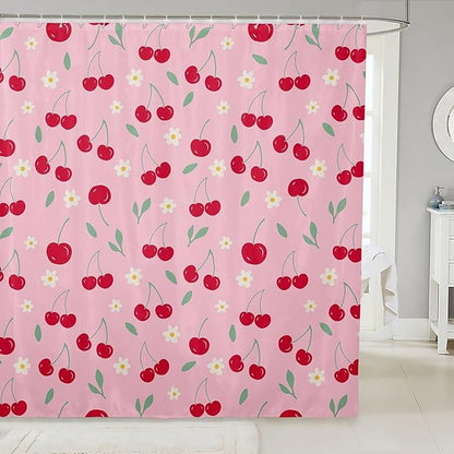 Feelyou Cherry Fabric Shower Curtain Fruits Shower Curtain for Kids Boys Girls Green Leaves Bathroom Waterproof Accessories with 12 Hooks Pink and Red Curtains,72X72 Inches