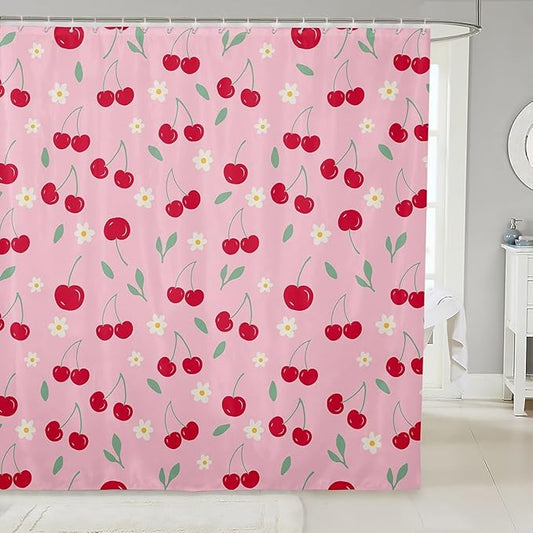 Feelyou Cherry Fabric Shower Curtain Fruits Shower Curtain for Kids Boys Girls Green Leaves Bathroom Waterproof Accessories with 12 Hooks Pink and Red Curtains,72X72 Inches
