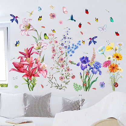 Garden Flower Wall Decals Lily Daisy Butterfly Dragonfly Bird Wall Stickers, Spring Window Clings for Glass Windows Living Room Bedroom Kitchen Wall Decor
