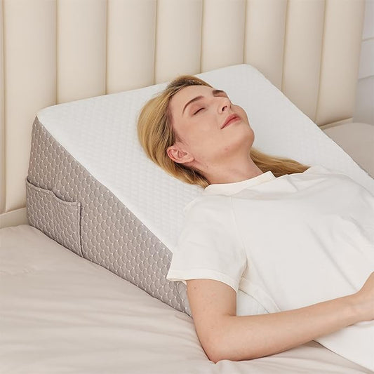 Wedge Pillow for Back Pain Relief, Bed Wedge Pillow for Sleeping, 24×24×10 Inch Memory Foam Anti Snore Pillow, Triangle Pillow Wedge for Sleeping Acid Reflux, Gerd, Elevated Pillow White/Grey