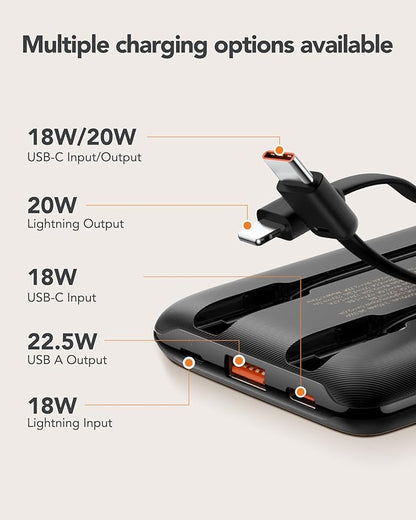 Mini Portable Charger with Built-in Cables 22.5W Fast Charging Power Bank USB-C Small Battery Pack 10000mAh Travel Essential Slim Battery for iPhone, Samsung, Android, and More