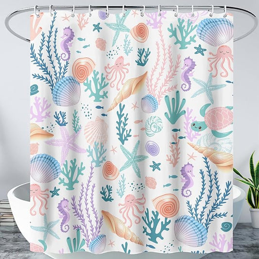 AILONEN Kids Ocean Shower Curtain for Bathroom,Funny Cute Octopus Fish Ocean Under Sea Coral Starfish Bath Curtain for Boys Girls,36" W*72" H Art Waterproof Decor Fabric 12 Pack Hooks