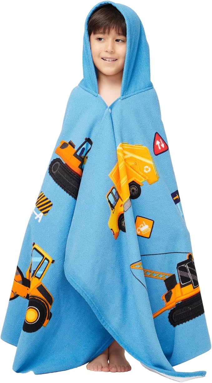 Hooded Towel for Toddlers 5-12 Years Boys Girls Kids Bath Pool Beach Towel Wrap Extra Large Soft Absorbent Beach Poncho(Construction site XL)