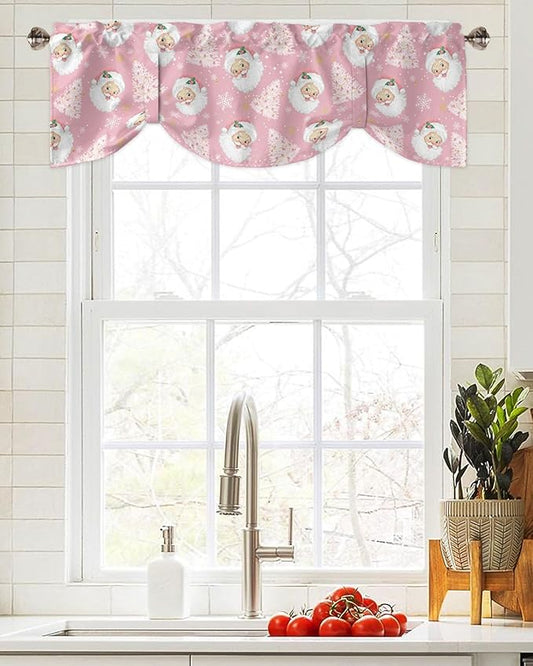 Pink Christmas Blackout Tie Up Valance Curtains for Kitchen Windows Santa Claus Merry Christmas Tree Window Toppers Balloon Shades for Living Room/Bathroom/Bedroom,1 Panel, 54" X 18", Winter Snowflake
