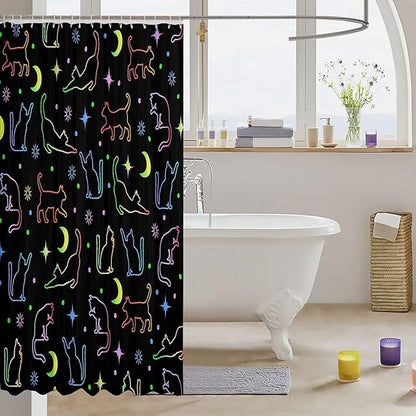 Cute Cat Silhouettes Kids Shower Curtains,Sun Moon Starry Sky Outer Space Bathroom Curtains for Girls Boys,Cute Pets Animals Watercolor Romantic Waterproof Curtains,12 Hooks Suits,72"W x 84"L