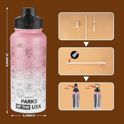 National Parks Water Bottle with Stickers and Straw,32oz Double Wall Vacuum Wide Mouth Insulated Water Bottle for Travel,BPA-free and Leak-proof (32oz,Pink White)