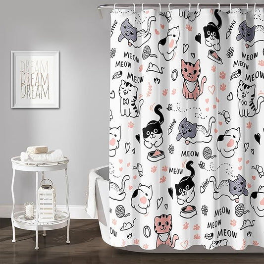 AILONEN Cat Shower Curtain, Cute Cat Cartoon Pet Cat Kitten Bathroom Curtain,Cat Paw Print Cat Lover Bath Curtain 36" W*72" H Polyester Waterproof Bathroom Curtain with 12 Hooks