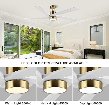 WINGBO 72 Inch DC Ceiling Fan with Lights and 3 Downrods, 5 Reversible Carved Wood Blades, 6-Speed Noiseless DC Motor, Large Ceiling Fan in Brass Finish with White Blades, ETL Listed